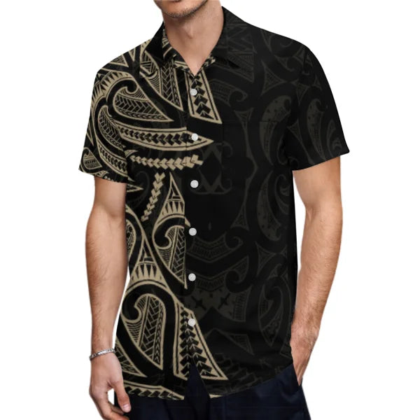Black Polynesian Tribal Pattern Party Matching Outfit For Couple Clothing Tropical Fishtail Dress And Hawaiian Shirt