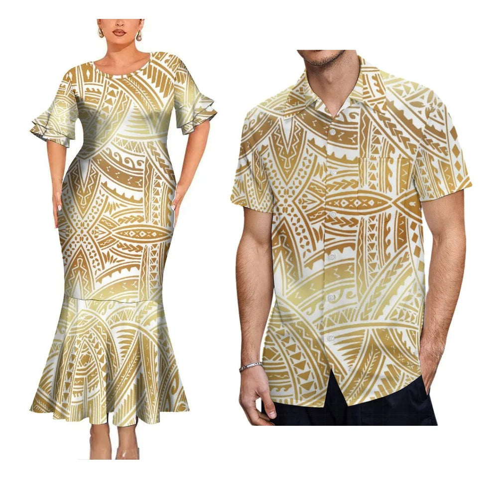 Polynesian Yellow Matching Outfit For Her Him Island Fishtail Skirt Dress And Hawaiian Shirt Couple Set