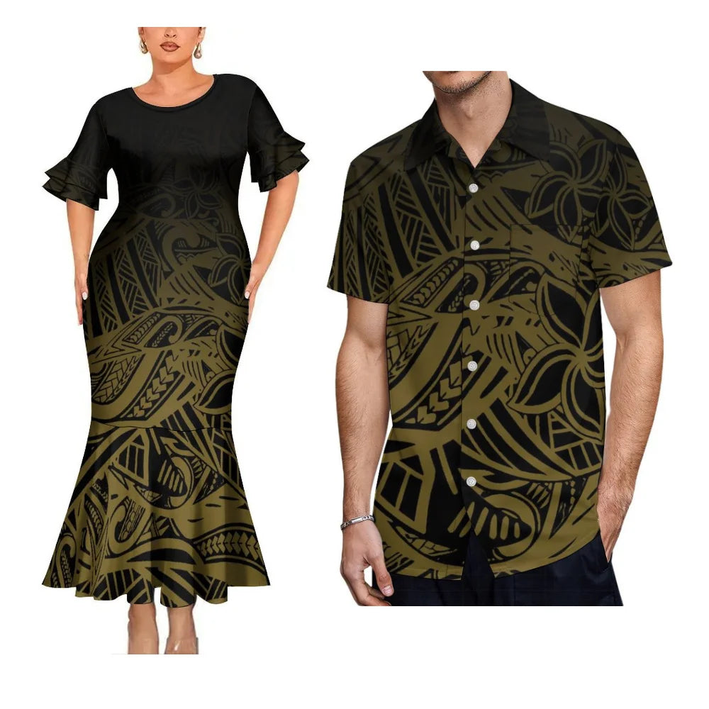 Polynesian Tribal Black Matching Outfit For Her Him Island Fishtail Skirt Dress And Hawaiian Shirt Couple Set