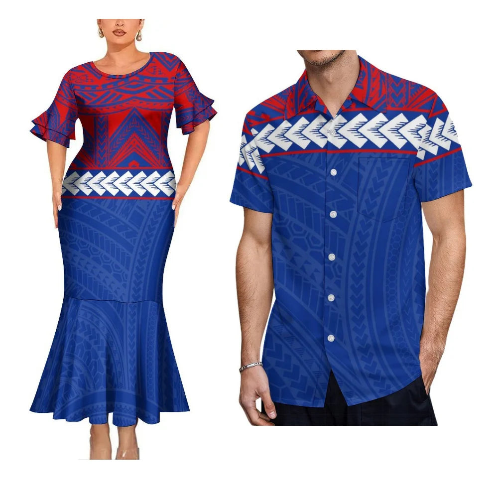 Polynesian Tribal Matching Outfit For Her Him Island Fishtail Skirt Dress And Hawaiian Shirt Couple Set