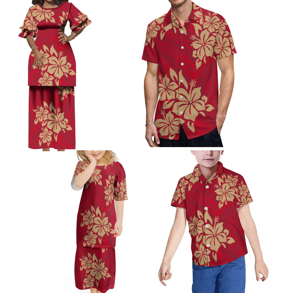 Polynesian Tribal Flowers Pattern Matching Outfit For Family Vintage Puletasi Double layer Horn Sleeve Dress And Shirt