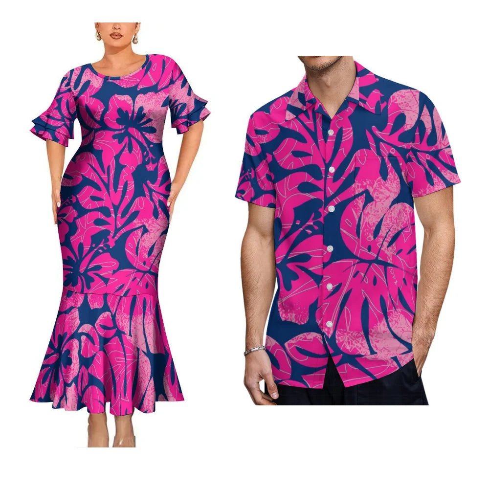 Polynesian Tribal Tropical Pattern Party Matching Outfit For Coupler Island Fishtail Dress And Hawaiian Shirt For Him Her