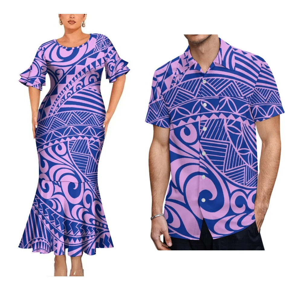 Polynesian Tribal Pattern Purple Party Matching Outfit For Coupler Island Fishtail Dress And Hawaiian Shirt For Him Her