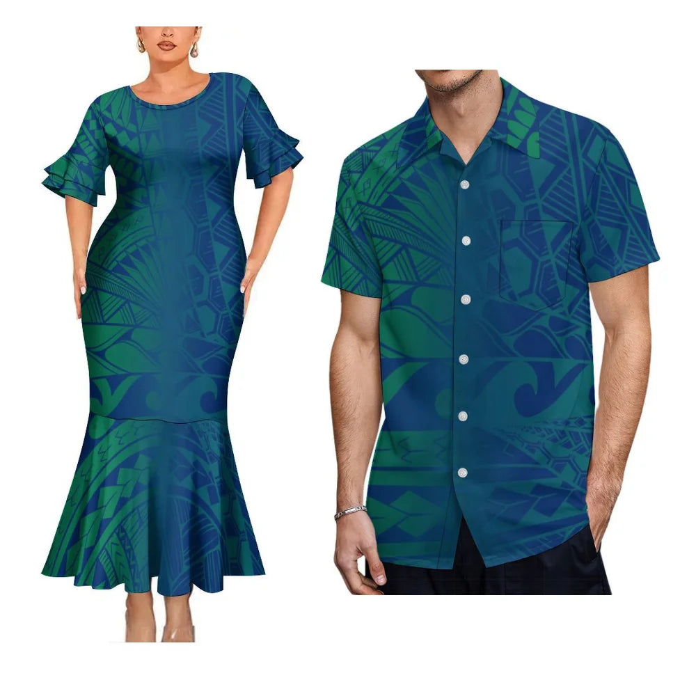 Polynesian Tribal Matching Outfit For Her Him Tropical Vibe Fishtail Skirt Dress And Hawaiian Shirt Couple Set