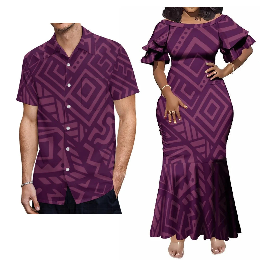 Polynesian Tribal Printed Matching Outfit For Couple Island Women's Short-Sleeved Mermaid Long Dress Men Hawaii Shirt