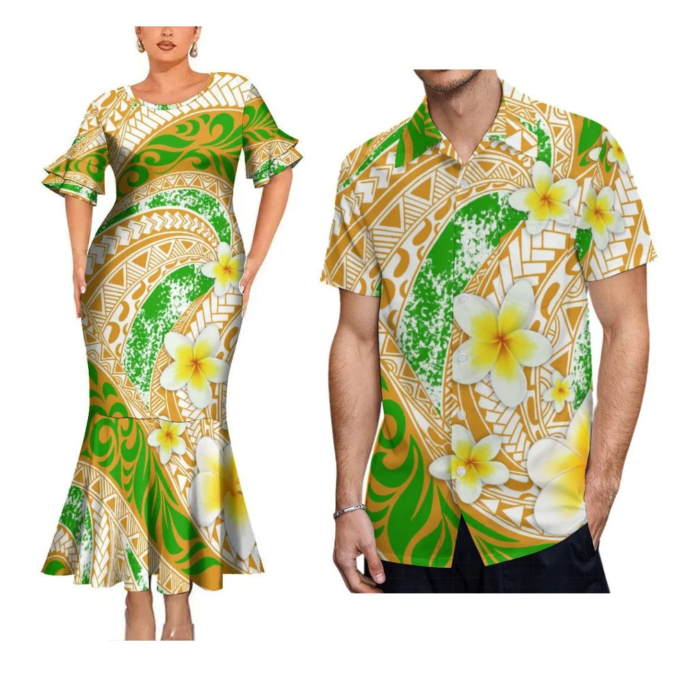 Polynesian Tribal Plumeria Flowers Matching Outfit For Her Him Fishtail Skirt Dress And Hawaiian Shirt Couple Set