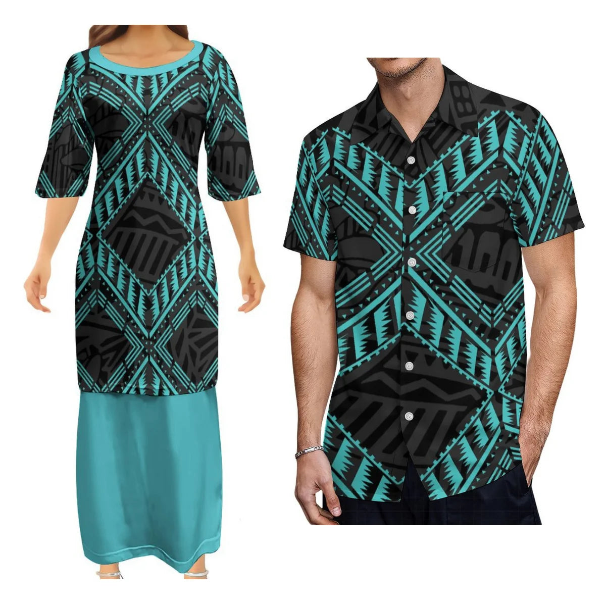 Geometric Pattern Polynesian Matching Outfit For Couple Tropical Island Puletasi Dress Man Shirt Party Set