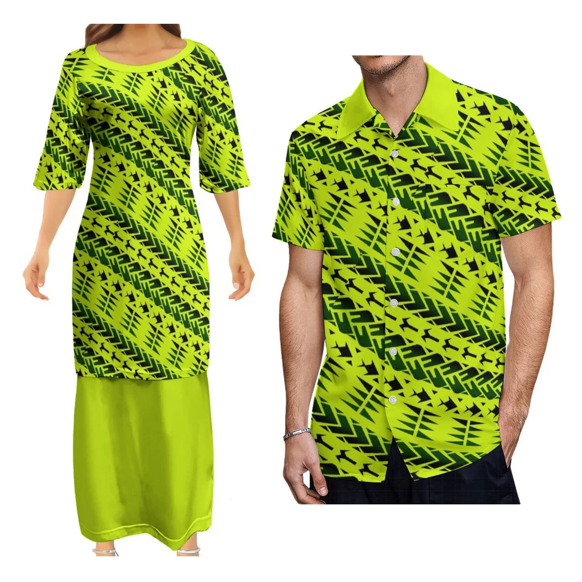 Polynesian Matching Outfit For Couple Tropical Green Island Puletasi Dress Man Shirt Party Set