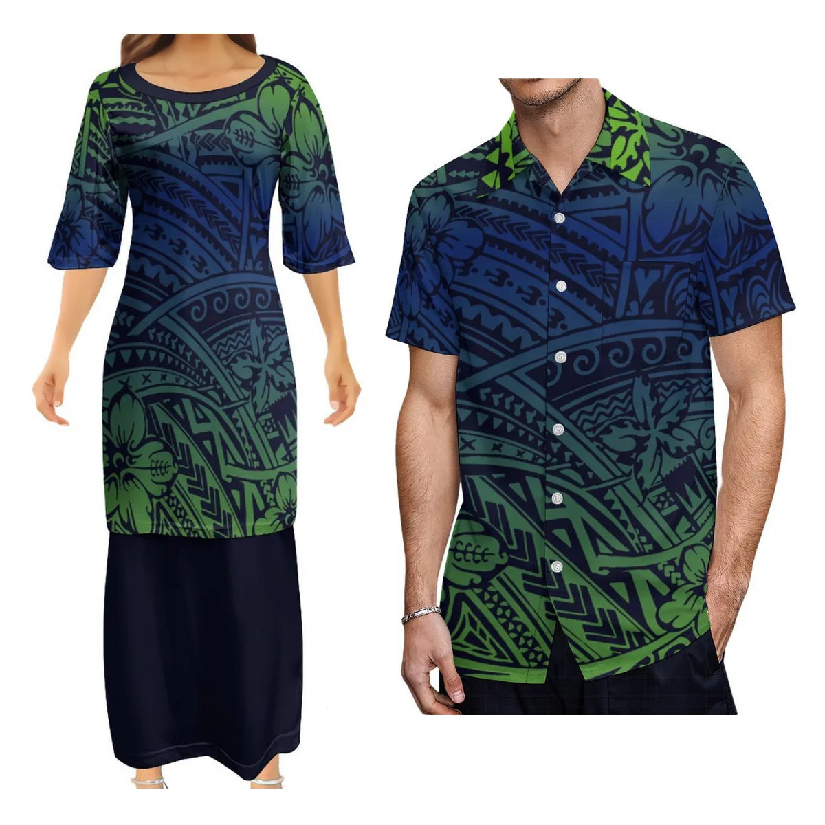 Flowers Polynesian Matching Outfit For Couple Tropical Island Puletasi Dress Man Shirt Party Set