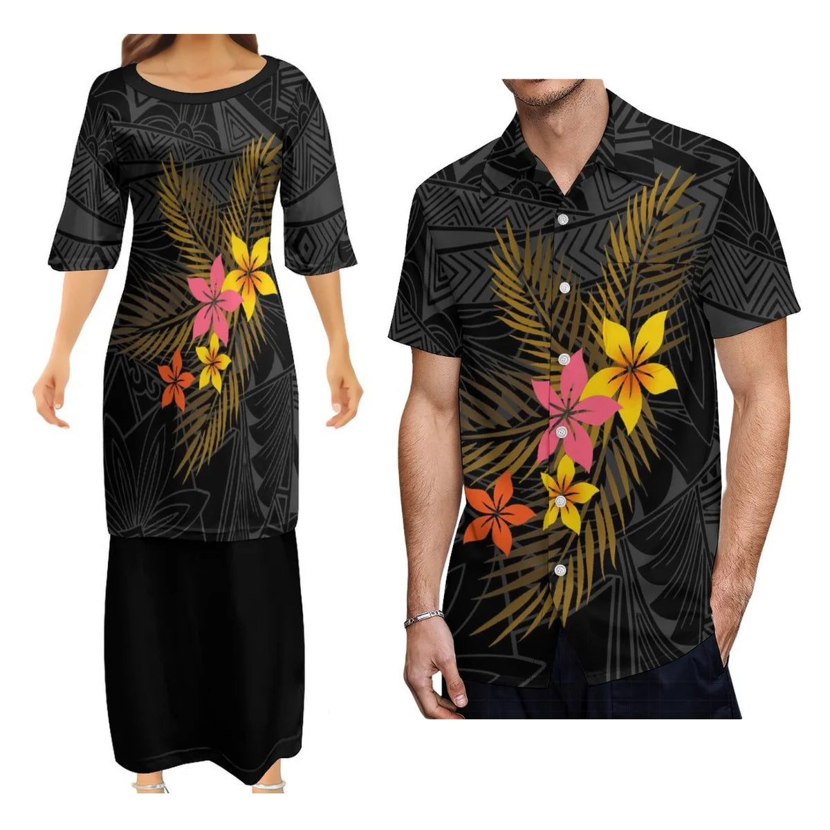 Black Flowers Polynesian Matching Outfit For Couple Tropical Island Puletasi Dress Man Shirt Party Set