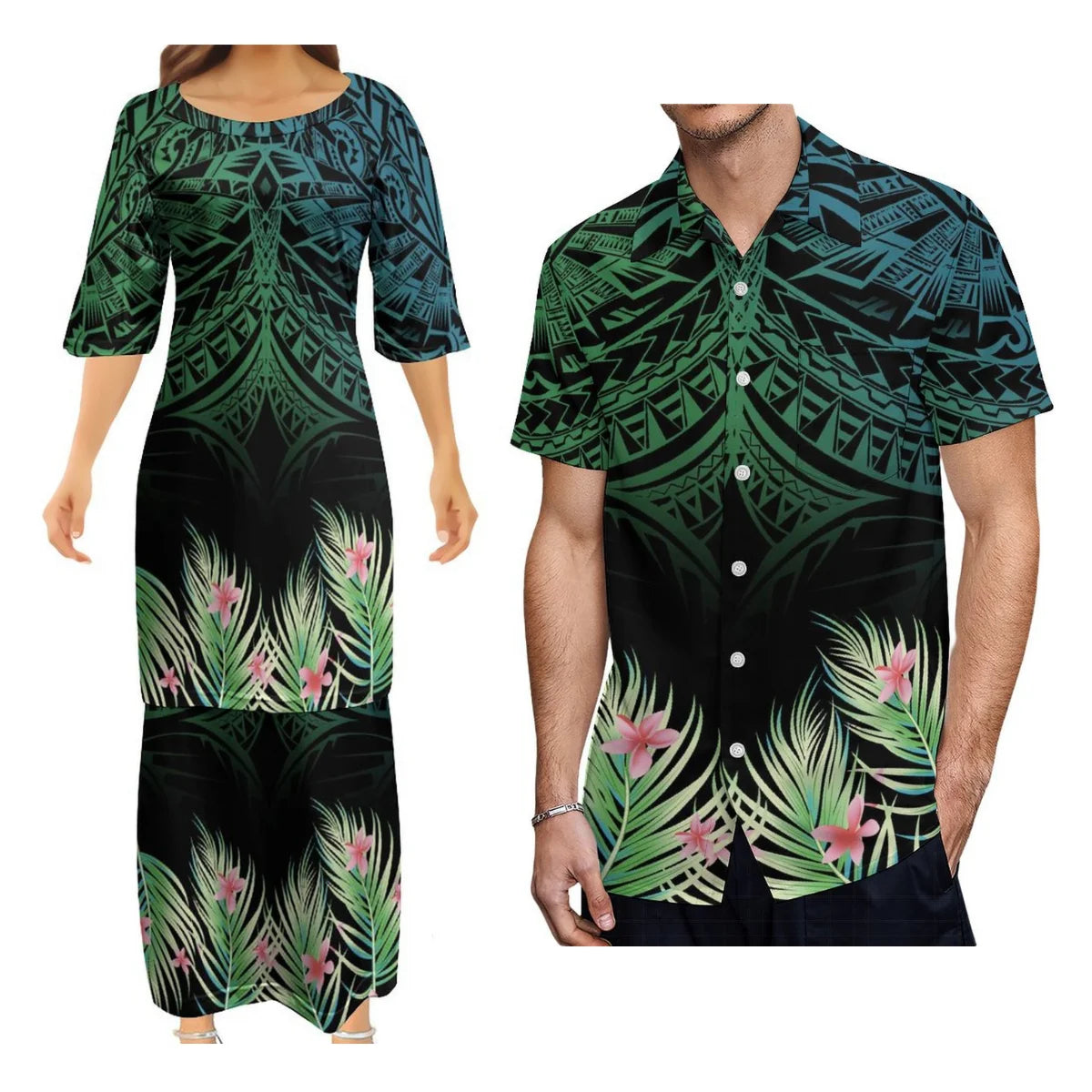 Flowers Leaf Pattern Polynesian Matching Outfit For Couple Tropical Island Puletasi Dress Man Shirt Party Set