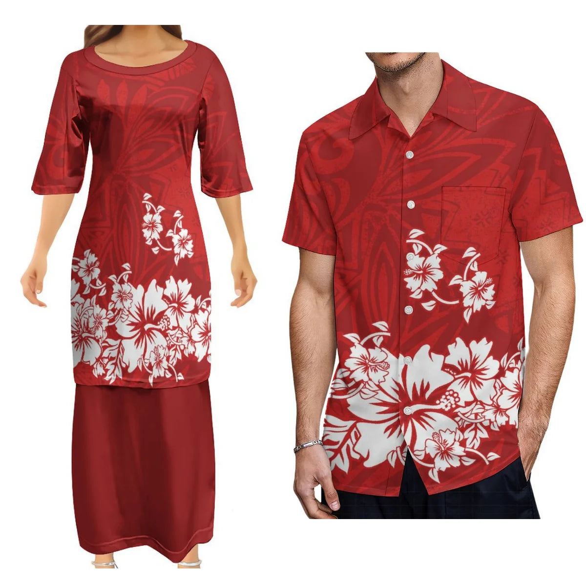 Polynesian Matching Outfit Island Polynesian Tribal Flowers Pattern Couple Dress Two-Piece Samoan Puletasi Dress Matching Men Shirt
