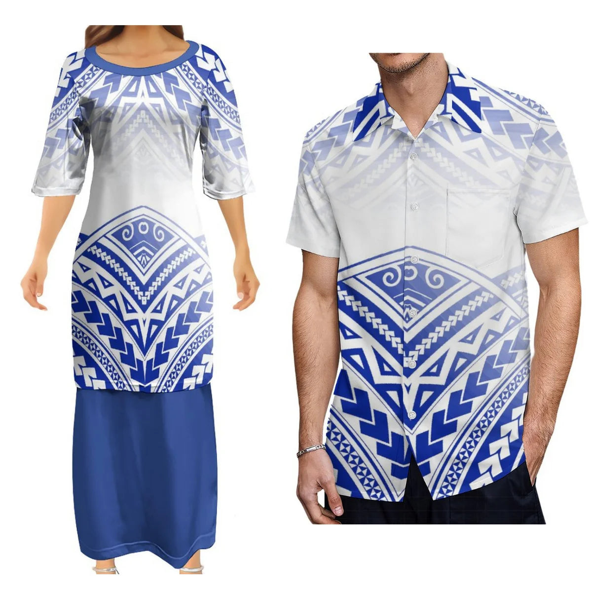 Polynesian Tribal Pattern Printed Blue Couple Dress Two-Piece Samoan Puletasi Dress Matching Men's Aloha Shirt