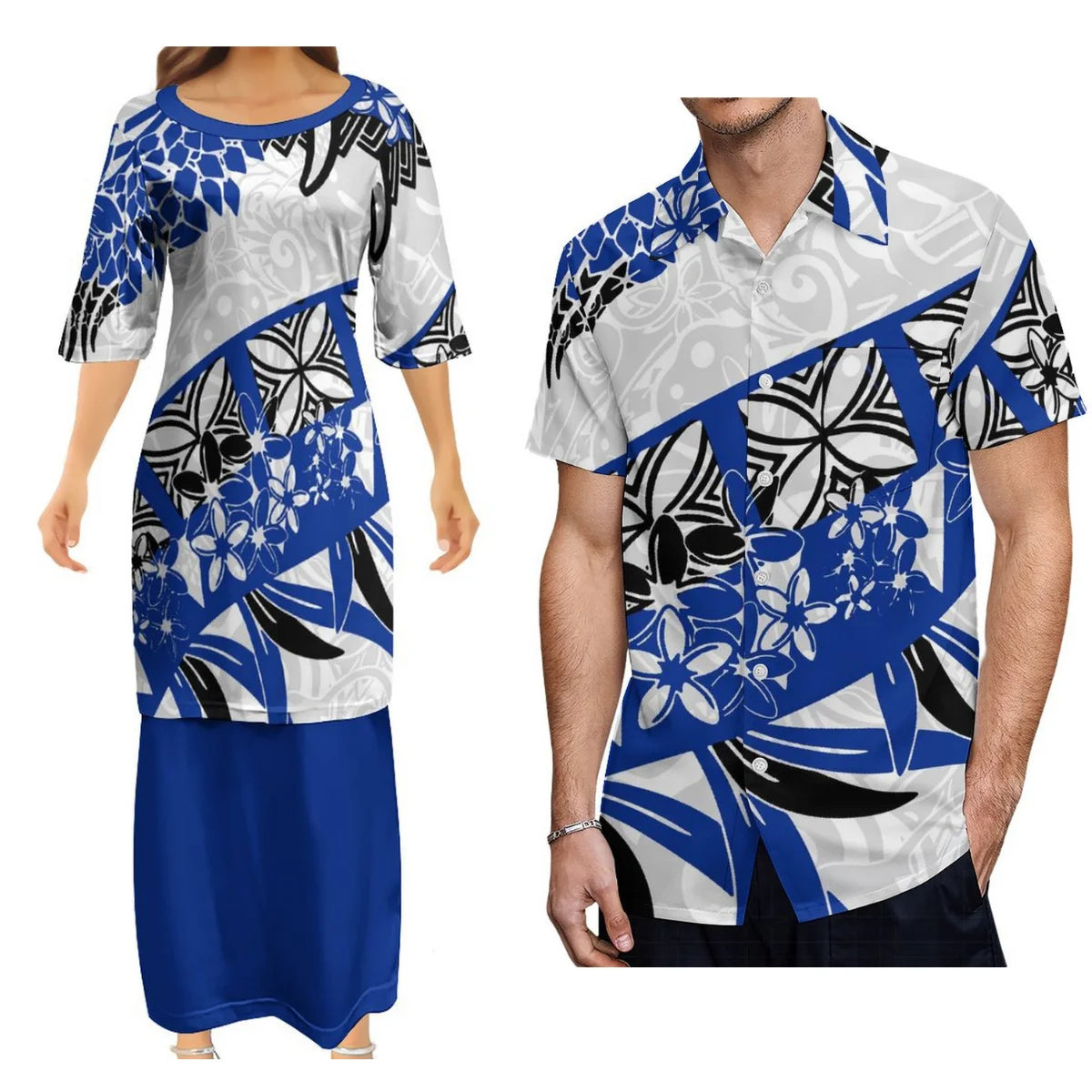 Polynesian Matching Outfit Flowers Pattern Printed Couple Dress Two-Piece Samoan Puletasi Dress Matching Men's Aloha Shirt