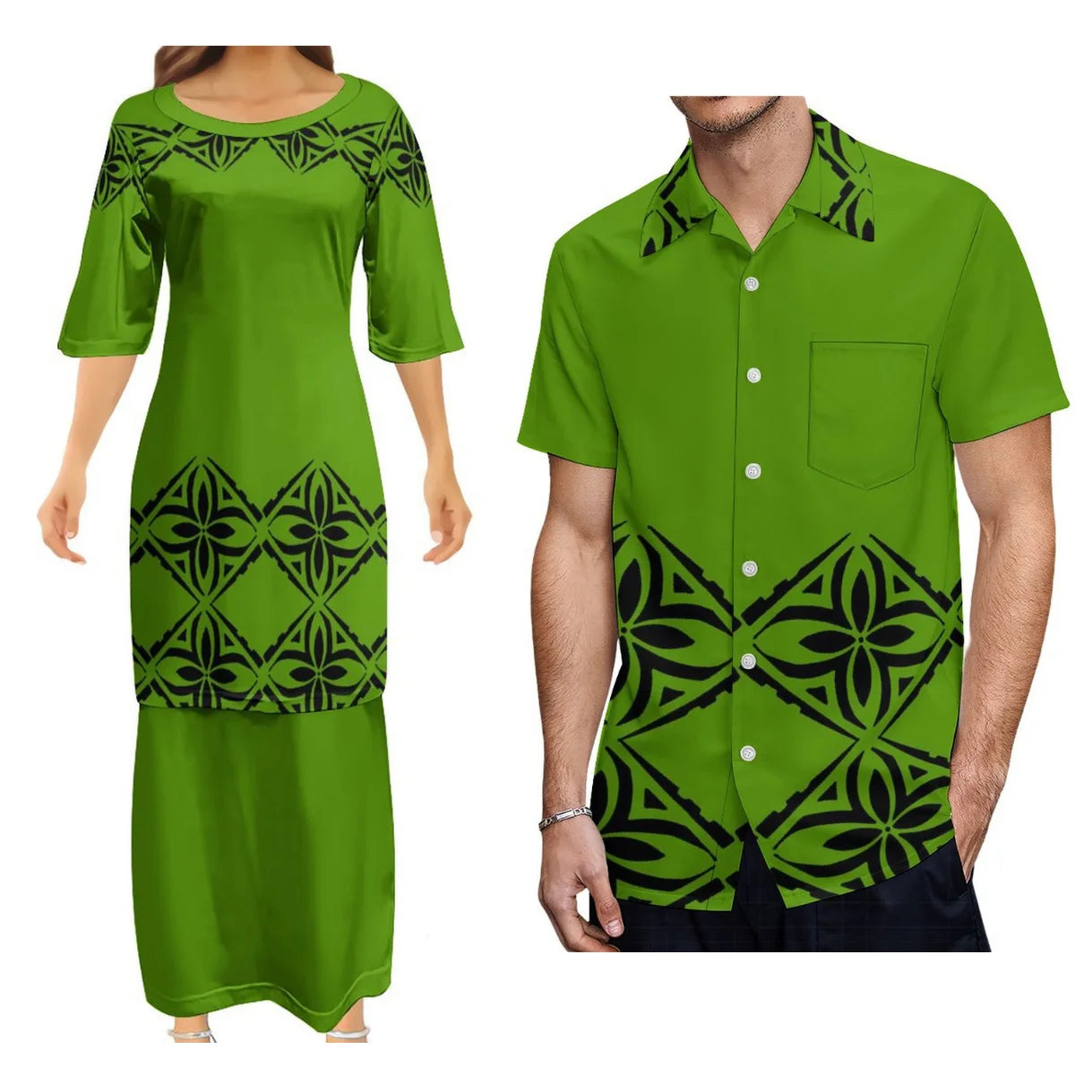 Polynesian Tribal Pattern Printed Green Couple Dress Two-Piece Samoan Puletasi Dress Matching Men's Aloha Shirt
