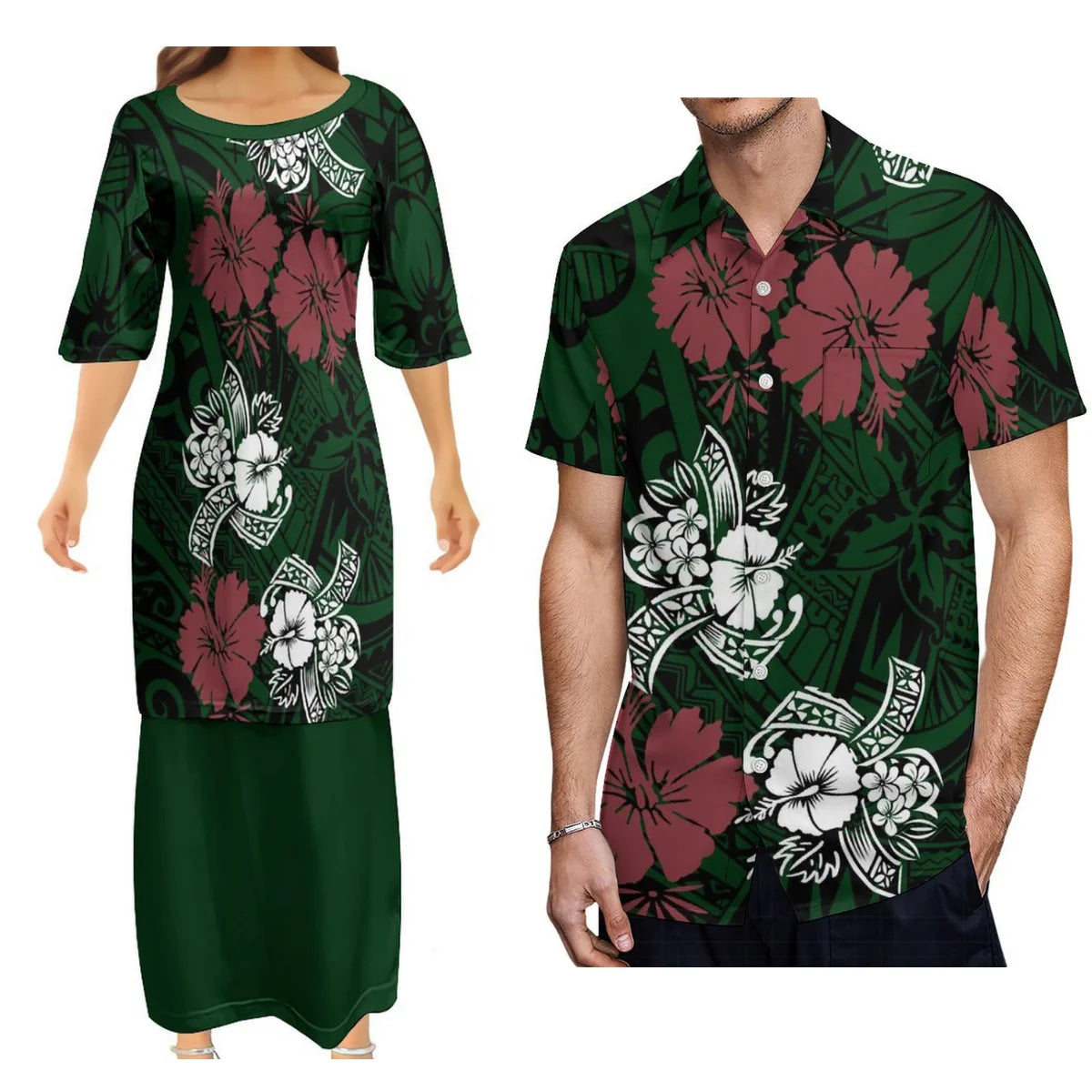 Polynesian Matching Outfit Island Polynesian Tribal Hibiscus Flowers Pattern Printed Couple Dress Two-Piece Samoan Puletasi Dress Matching Men Shirt