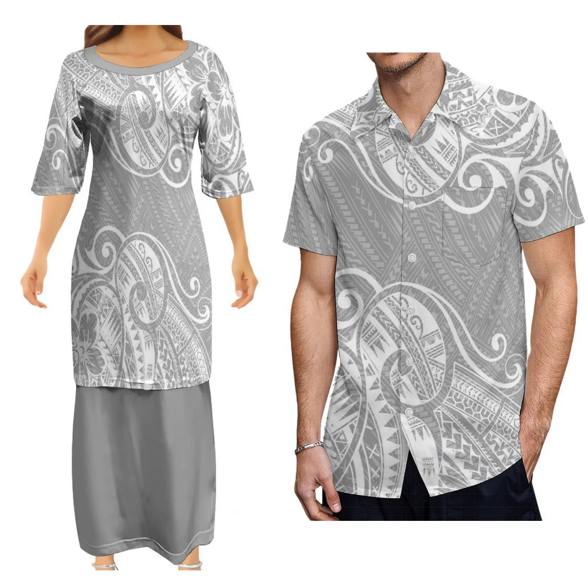 Polynesian Matching Outfit Island Polynesian Tribal Pattern White Printed Couple Dress Two-Piece Samoan Puletasi Dress Matching Men Shirt