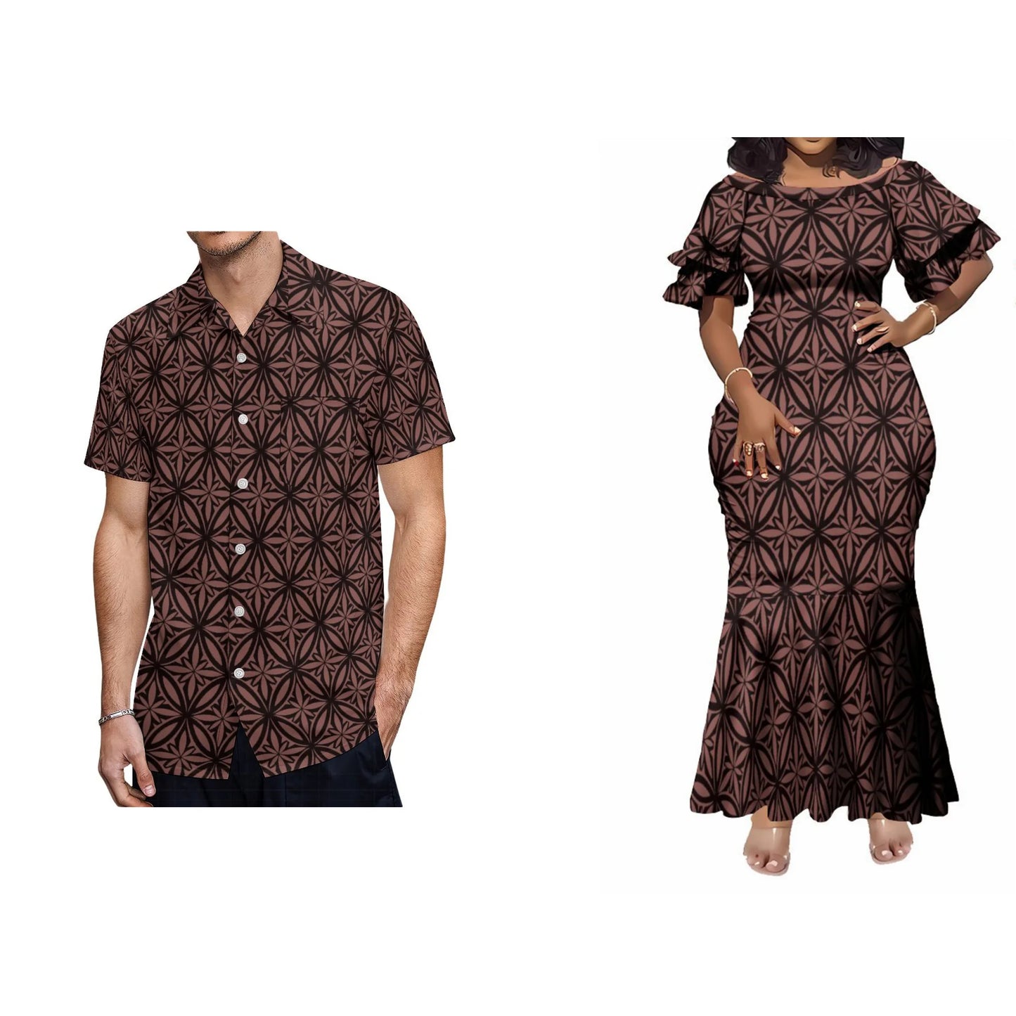 Geometric Pattern Polynesian Tribal Matching Couple Wear Fishtail Skirt Dress And Hawaii Shirt Party Dress Outfit