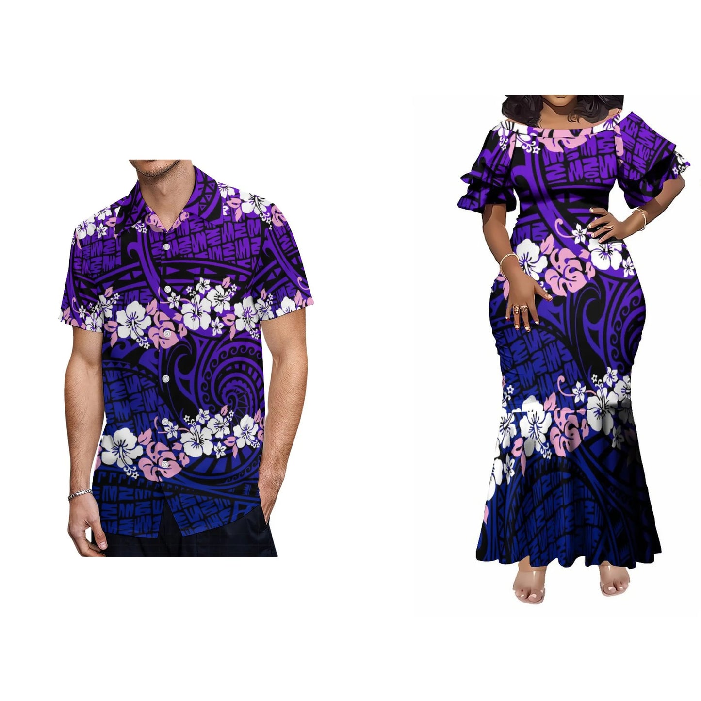 Tropical Flowers Leaf Pattern Polynesian Tribal Matching Couple Wear Fishtail Skirt Dress And Hawaii Shirt Party Dress Outfit