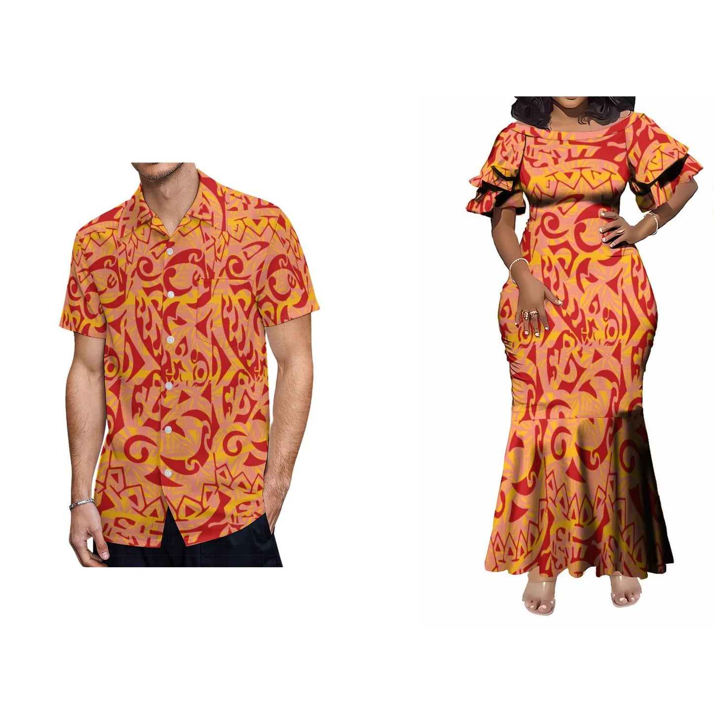 Tropical Polynesian Tribal Orange Matching Couple Wear Fishtail Skirt Dress And Hawaii Shirt Party Dress Outfit