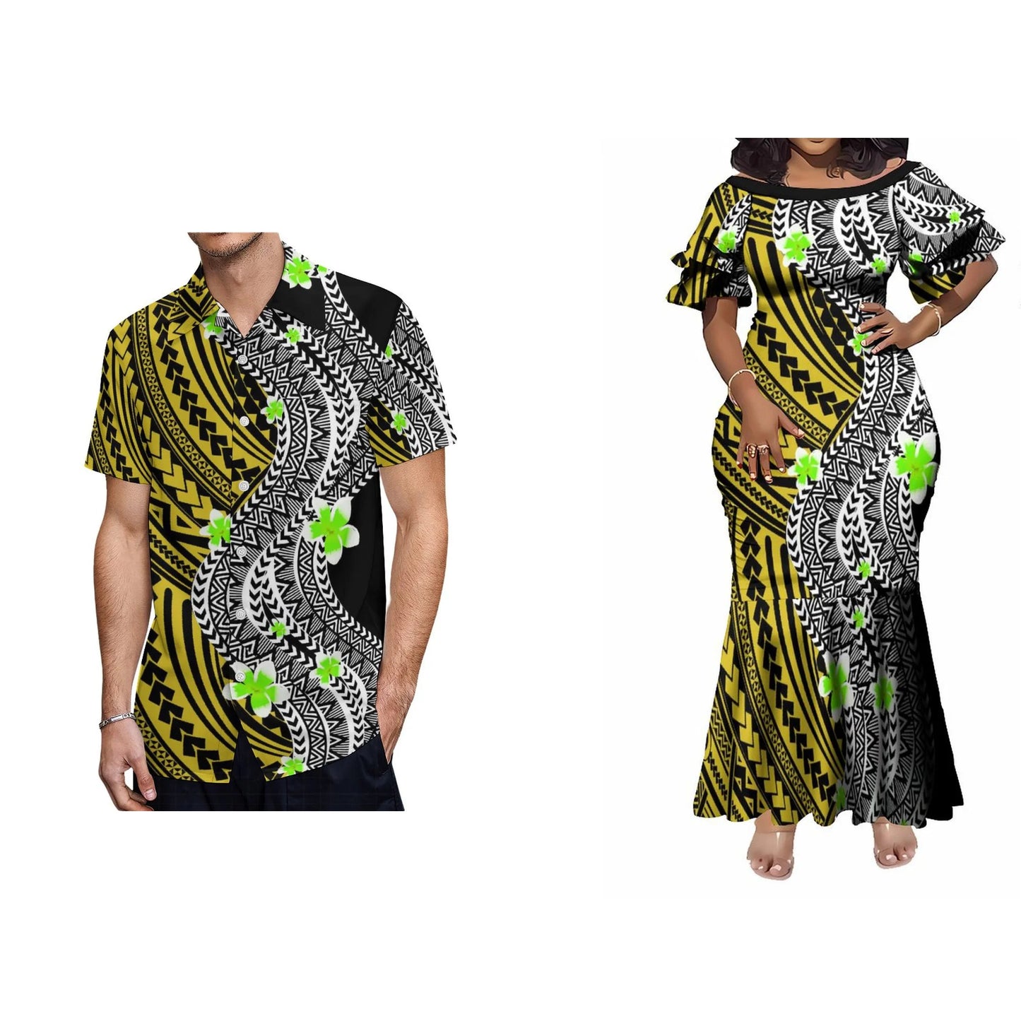 Polynesian Matching Outfit For Couple Curve Style Black Fishtail Skirt Dress And Hawaiian Shirt