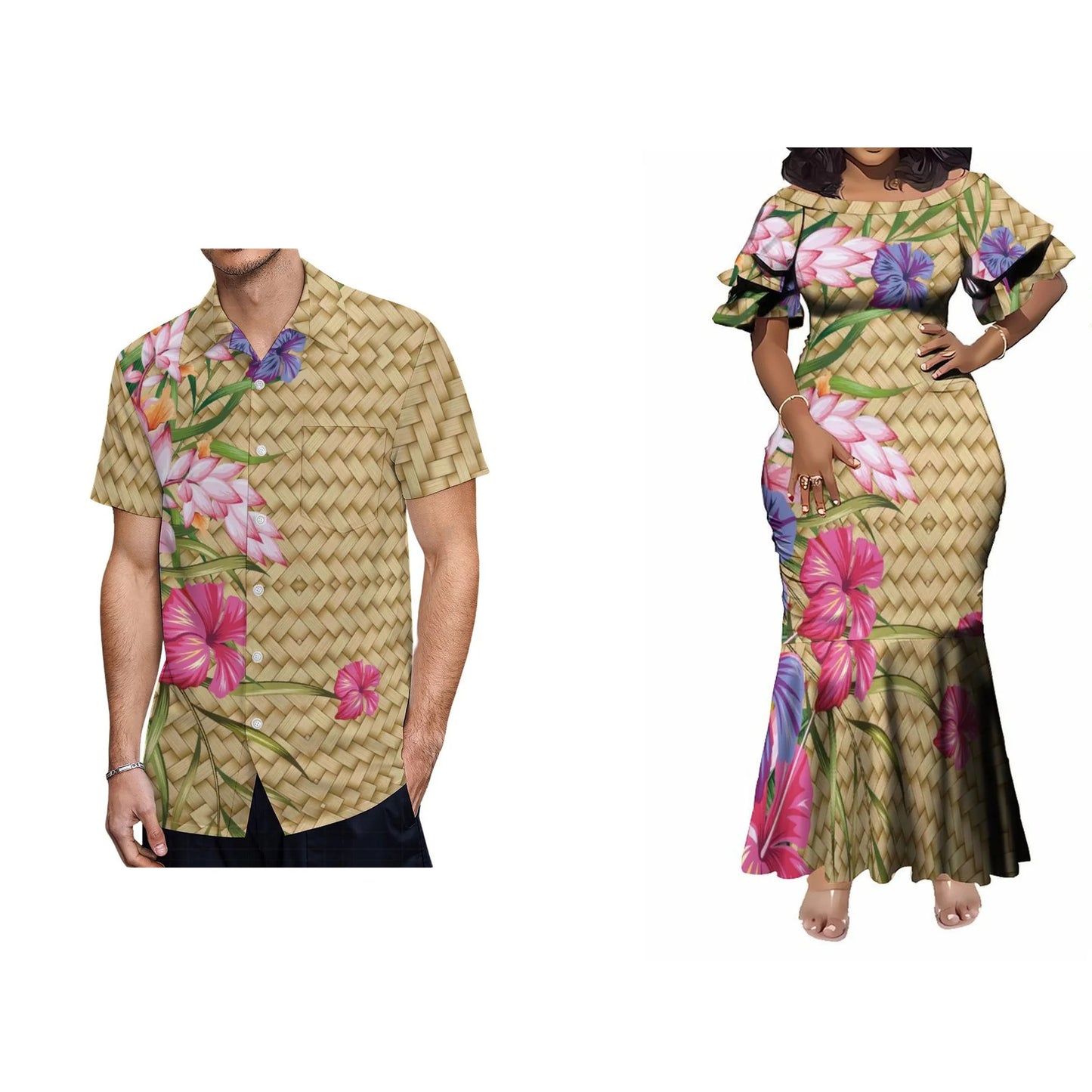 Polynesian Matching Outfit For Couple Island Vibe Hibiscus Pattern Fishtail Skirt Dress And Hawaiian Shirt