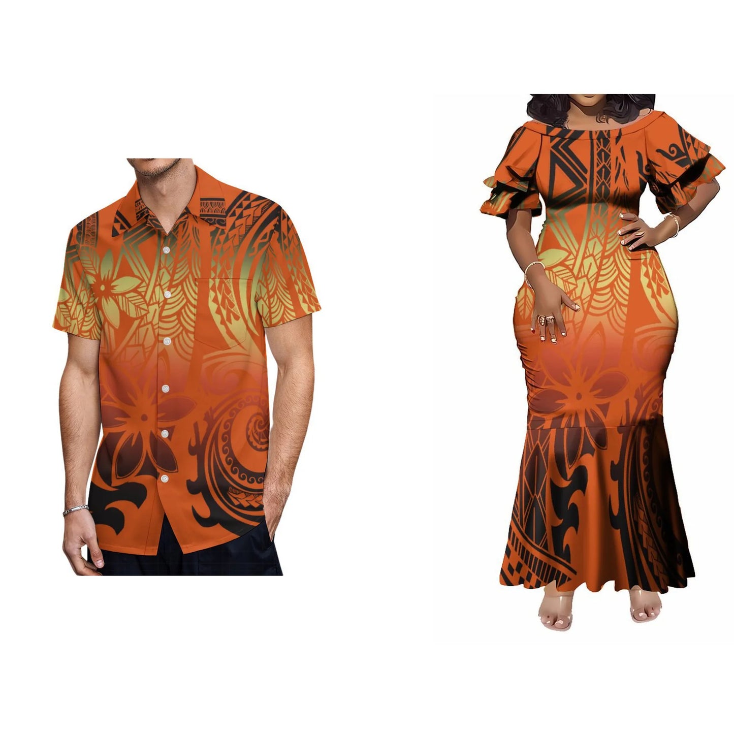 Pacific Island Fishtail Skirt Dress And Shirt Orange Polynesian Tribal Matching Outfit For Couple