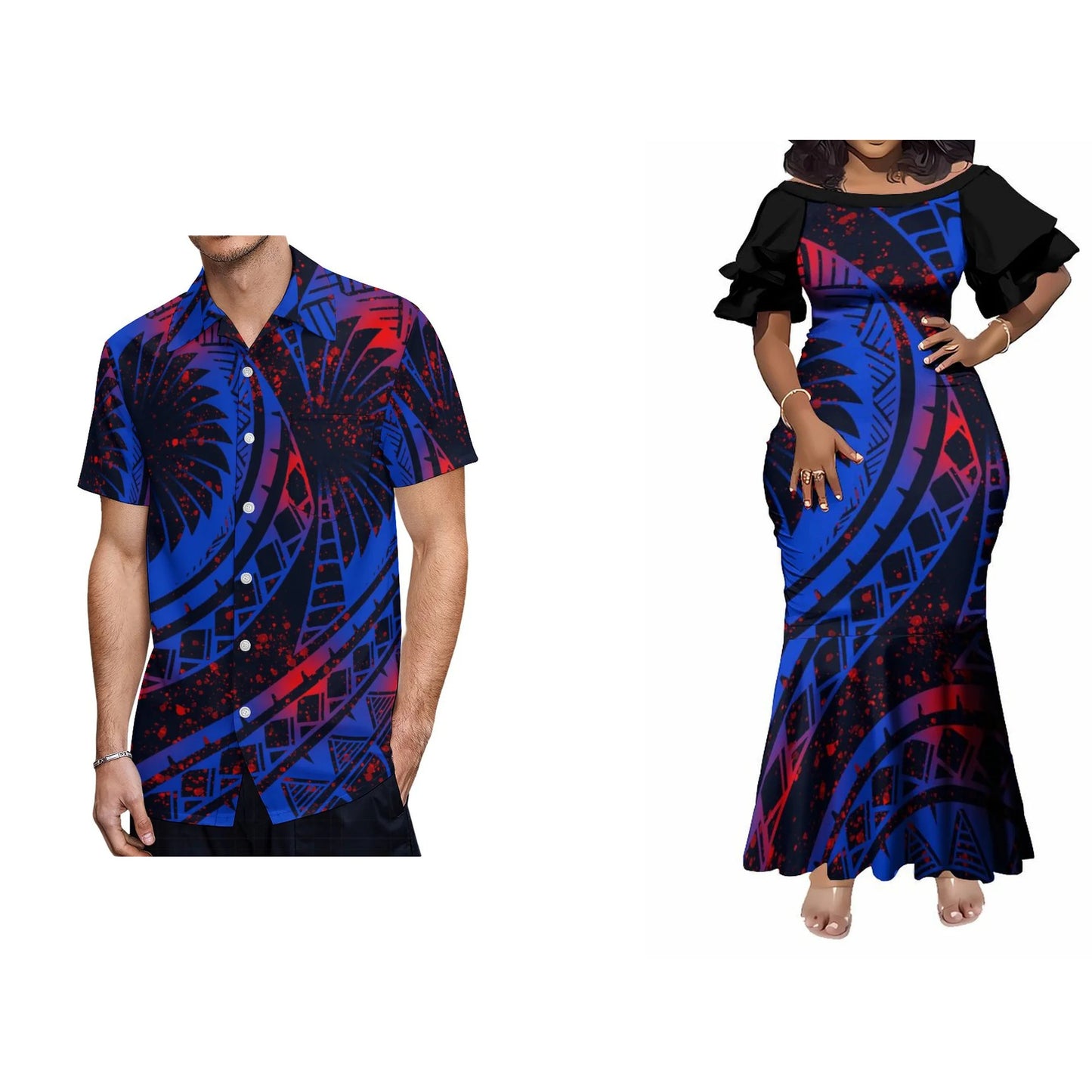 Pacific Island Fishtail Skirt Dress And Shirt Vintage Polynesian Tribal Blue Matching Outfit For Couple