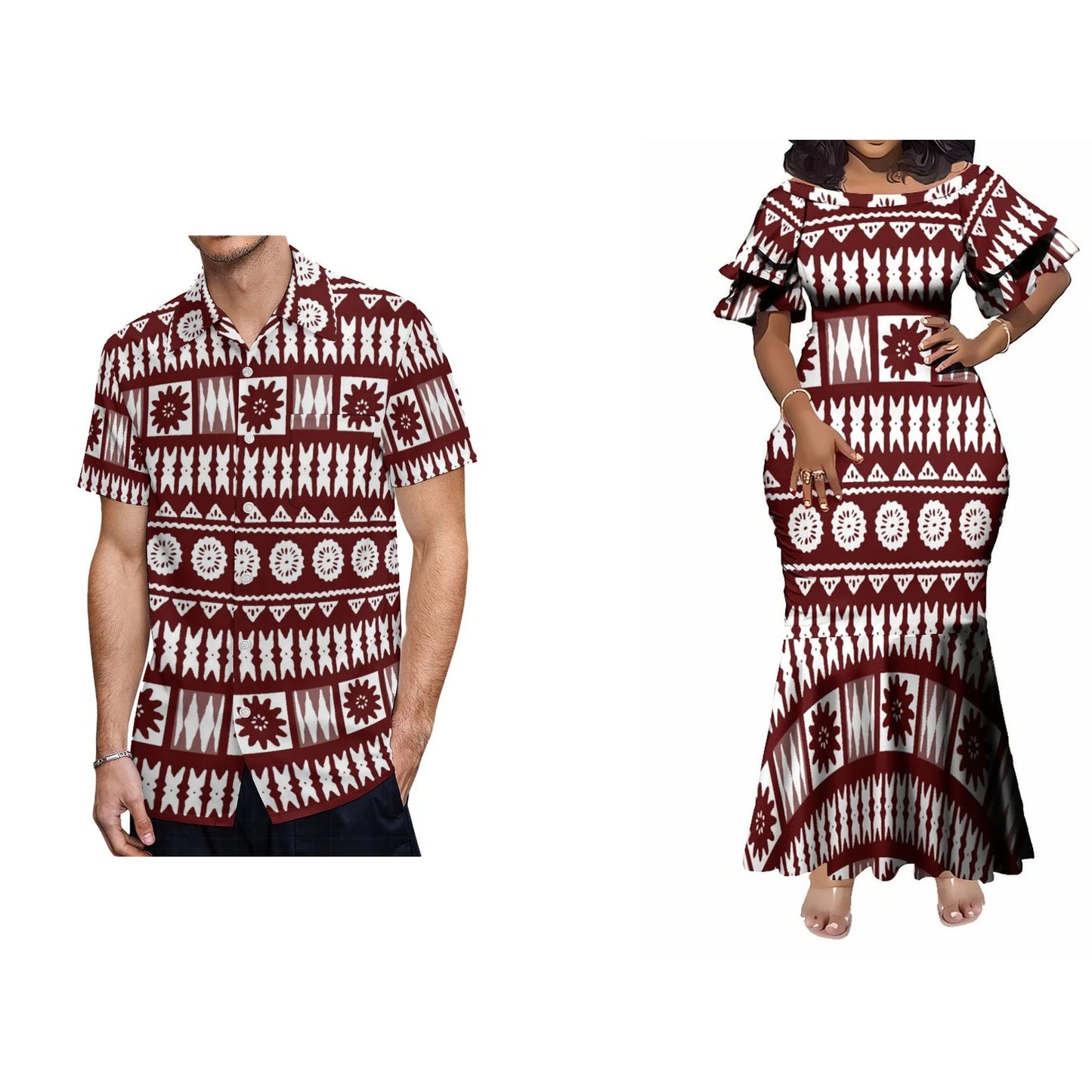 Pacific Island Fishtail Skirt Dress And Shirt Vintage Polynesian Geometric Matching Outfit For Couple