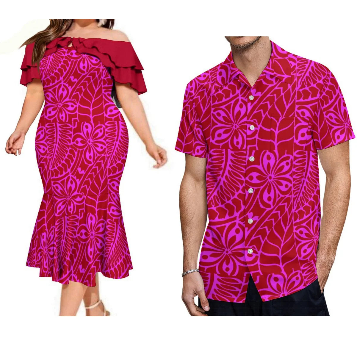 Polynesian Couple Matching Outfit For Couple Island Off Shoulder Mermaid Dress And Shirt Outfit Set