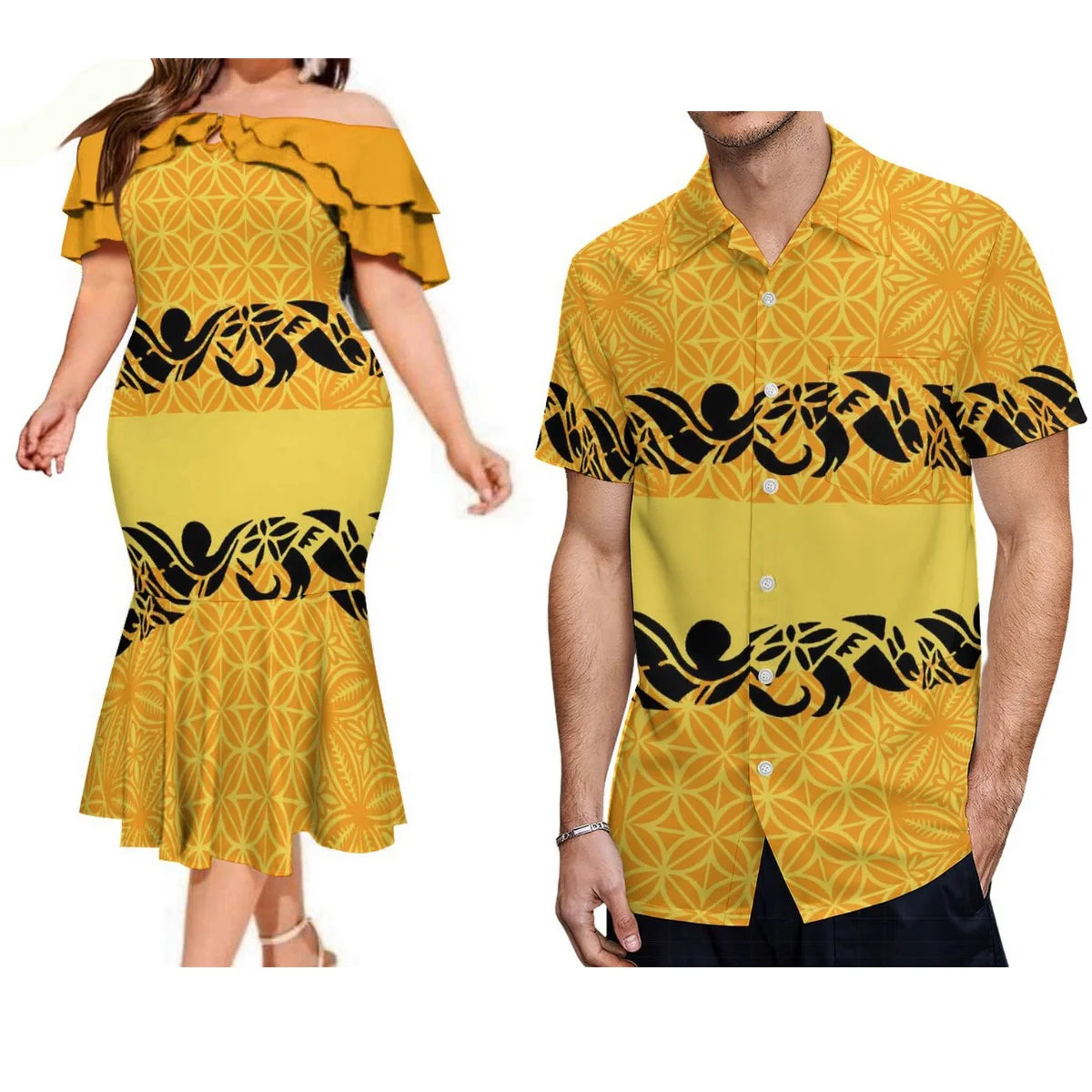 Polynesian Couple Matching Outfit For Couple Island Polynesian Tribal Pattern Yellow Off Shoulder Mermaid Dress And Shirt Outfit Set