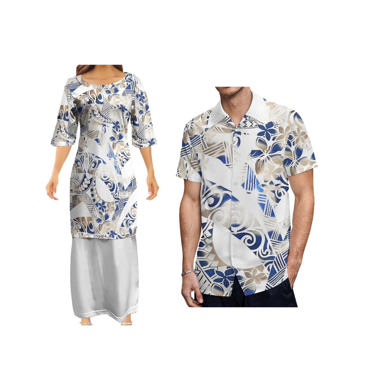 Polynesian Tribal Pattern Tropical Flower White Couple Outfit Matching Island Dress And Hawaiian Shirt