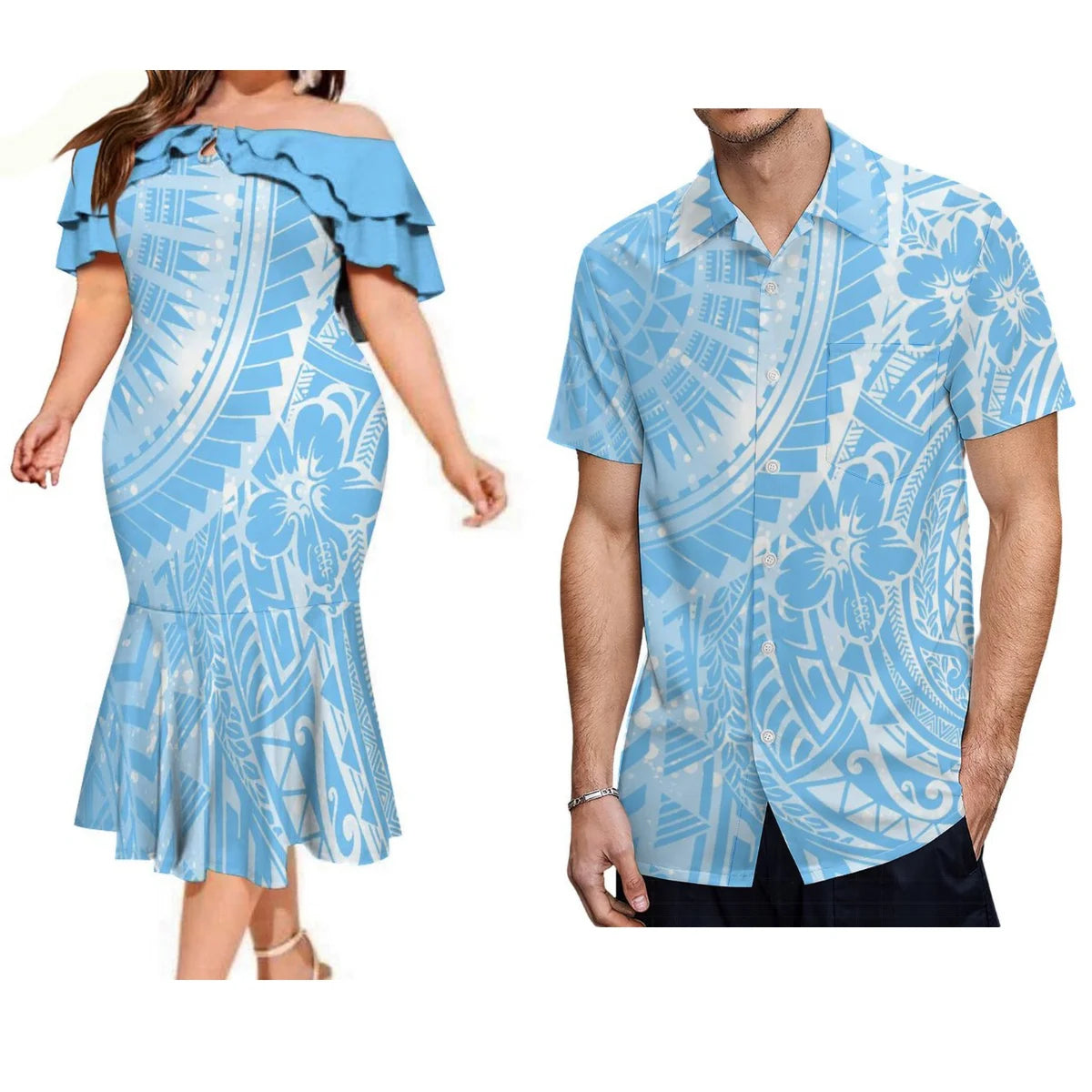 Polynesian Pair Outfit Island Polynesian Flowers Blue Off Shoulder Mermaid Dress And Shirt Outfit Set