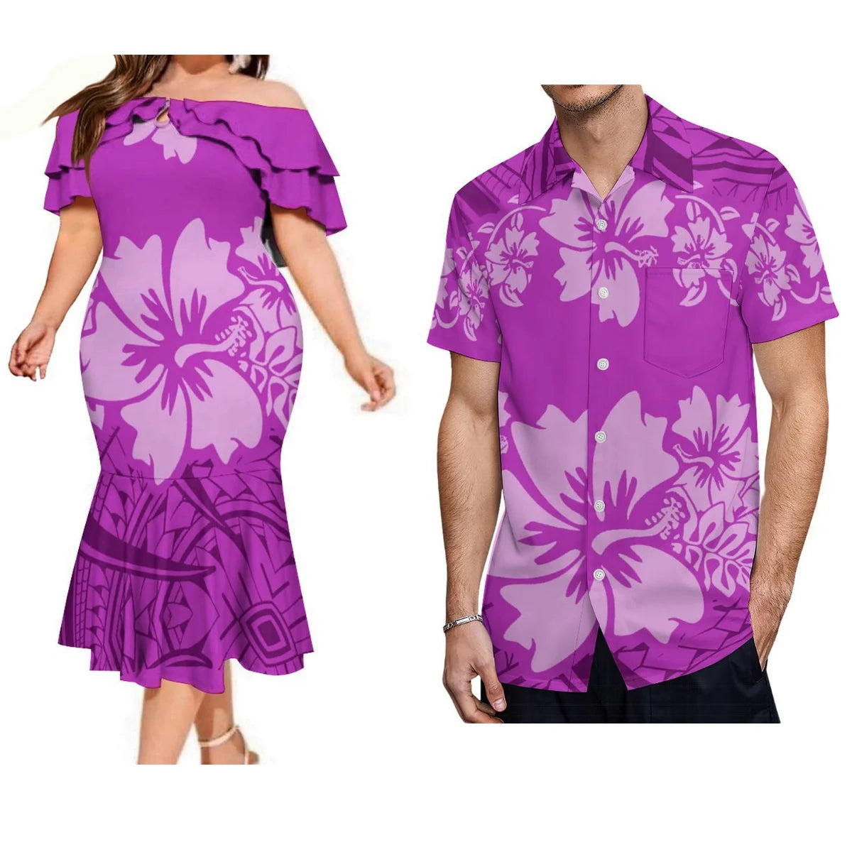 Polynesian Pair Outfit Island Polynesian Tribal Hibiscus Flowers Pattern Purple Off Shoulder Mermaid Dress And Shirt Outfit Set