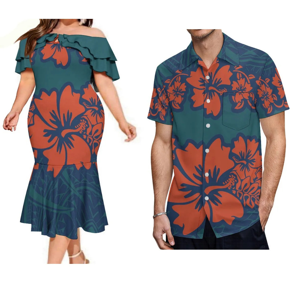 Polynesian Pair Outfit Island Polynesian Tribal Hibiscus Flowers Pattern Off Shoulder Mermaid Dress And Shirt Outfit Set