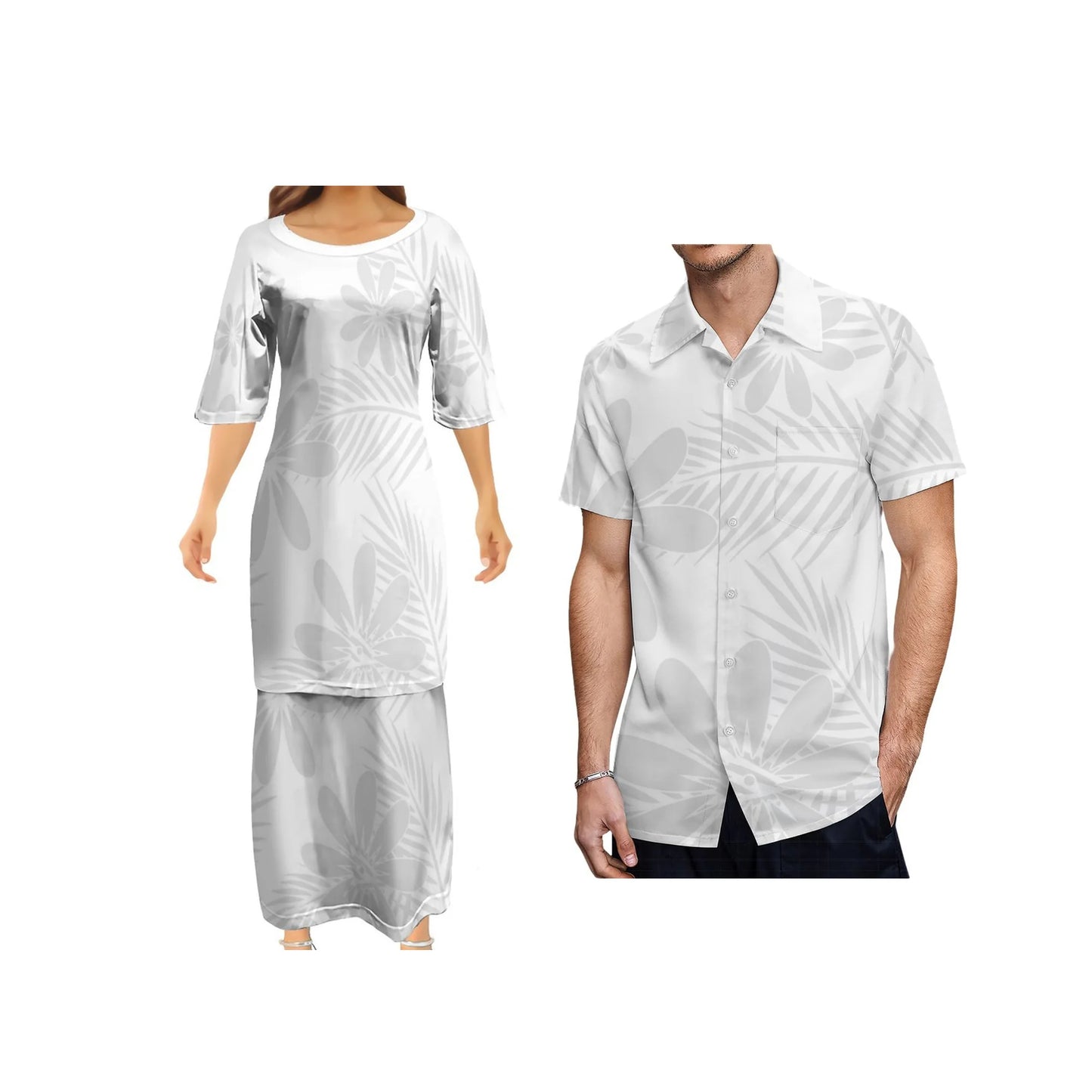 Leaf Tropical Polynesian Traditional White Puletasi Dress Two-Piece Polynesian Tribal Matching Pair Outfit Matching Hawaiian Men's Shirt
