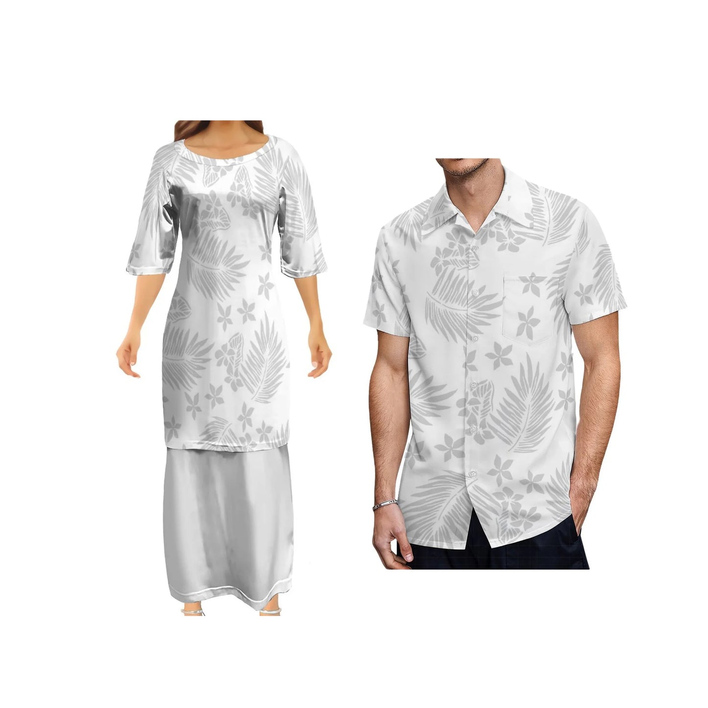 Polynesian Tropical Leaf Pattern Traditional White Puletasi Dress Two-Piece Polynesian Tribal Matching Pair Outfit Matching Hawaiian Men's Shirt