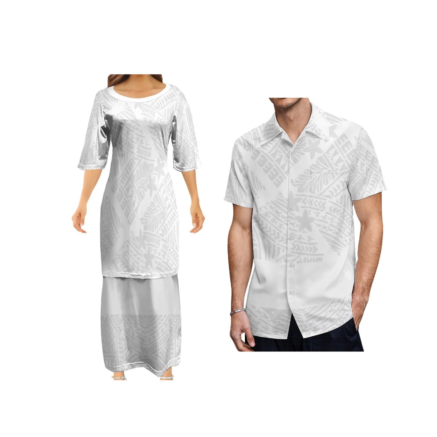 Polynesian Tribal Pattern Traditional White Puletasi Dress Two-Piece Polynesian Tribal Matching Pair Outfit Matching Hawaiian Men's Shirt