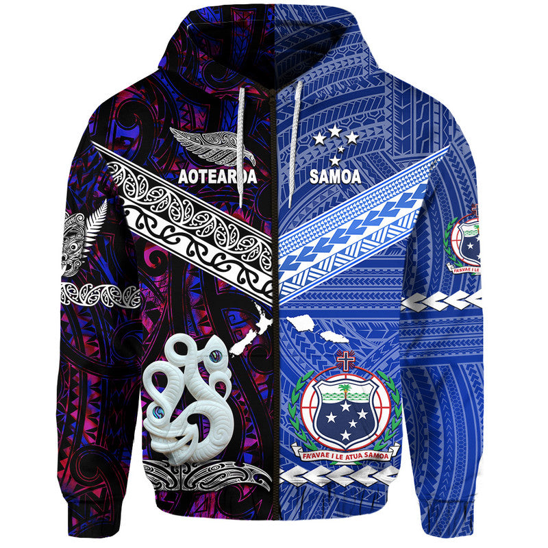 ( Personalised) Samoa And New Zealand Zip Up And Pullover Hoodie Together Purple
