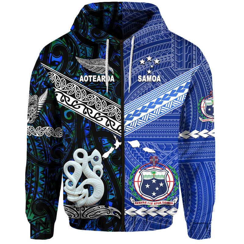 ( Personalised) Samoa And New Zealand Zip Up And Pullover Hoodie Together Blue