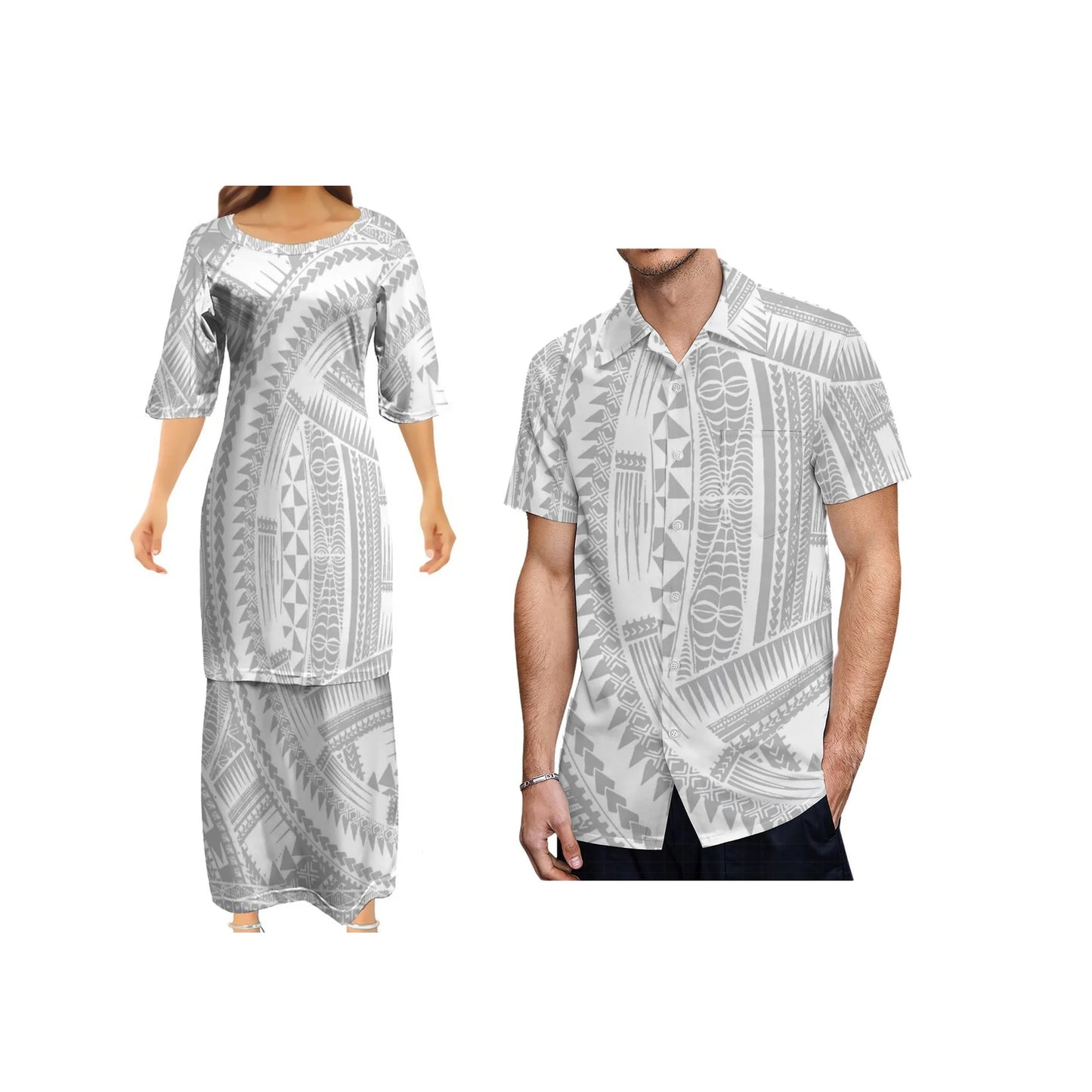 Polynesian Tribal Tropical Pattern White Couple Outfit Matching Island Dress And Hawaiian Shirt