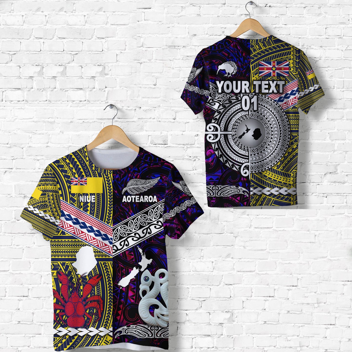 Custom Personalised New Zealand Maori Aotearoa And Niue Together T Shirt - Purple, Custom Text And Number