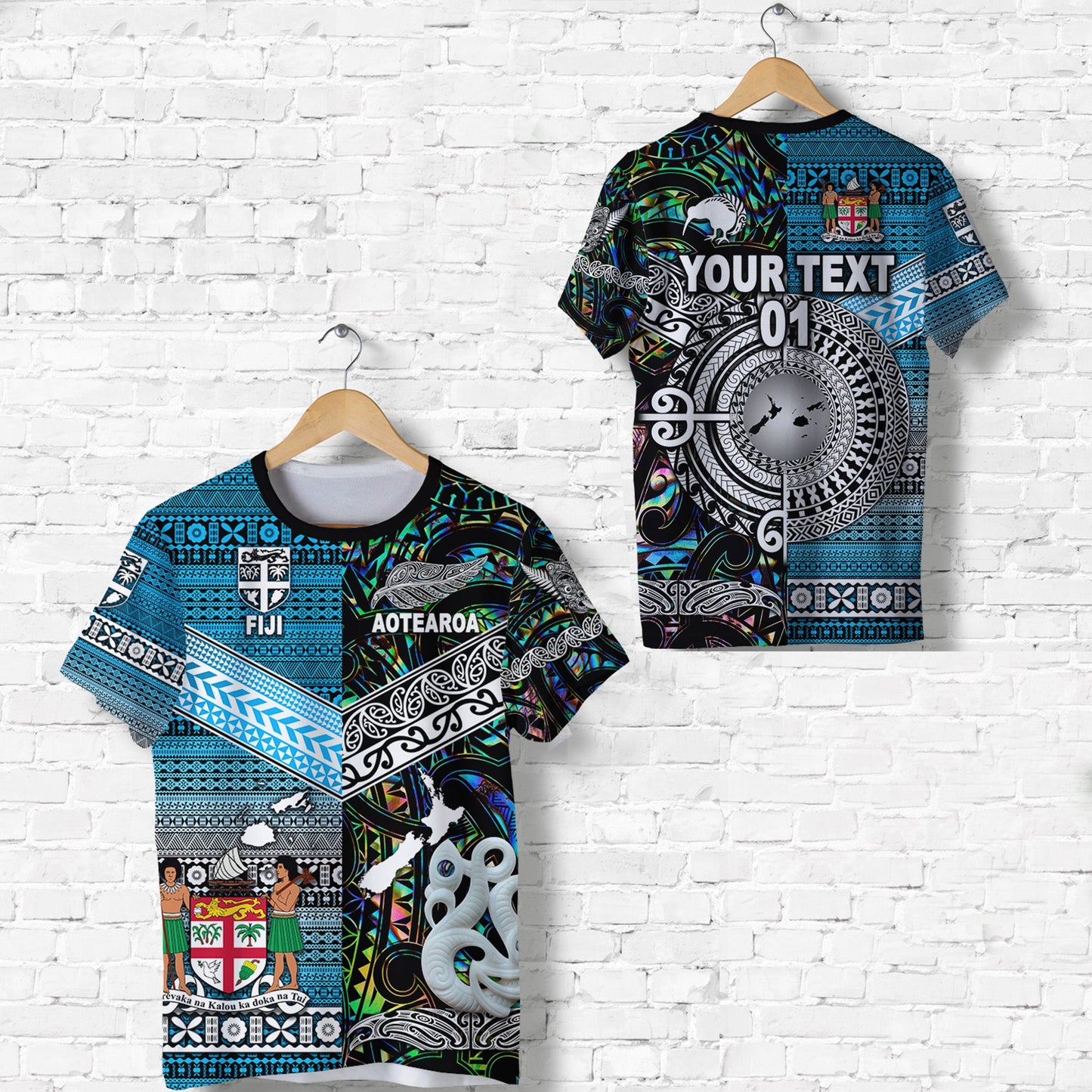 Custom Personalised New Zealand Maori Aotearoa Fiji Tapa Together T Shirt - Green, Custom Text And Number