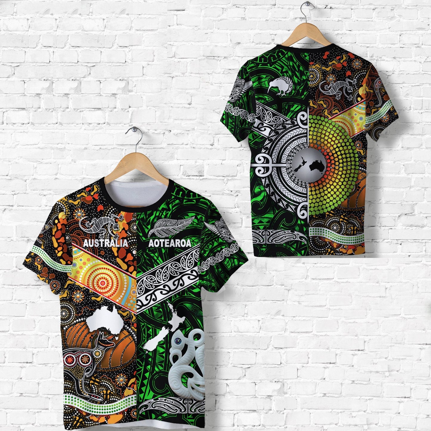New Zealand Maori Aotearoa And Australia Aboriginal T Shirt Together - Green