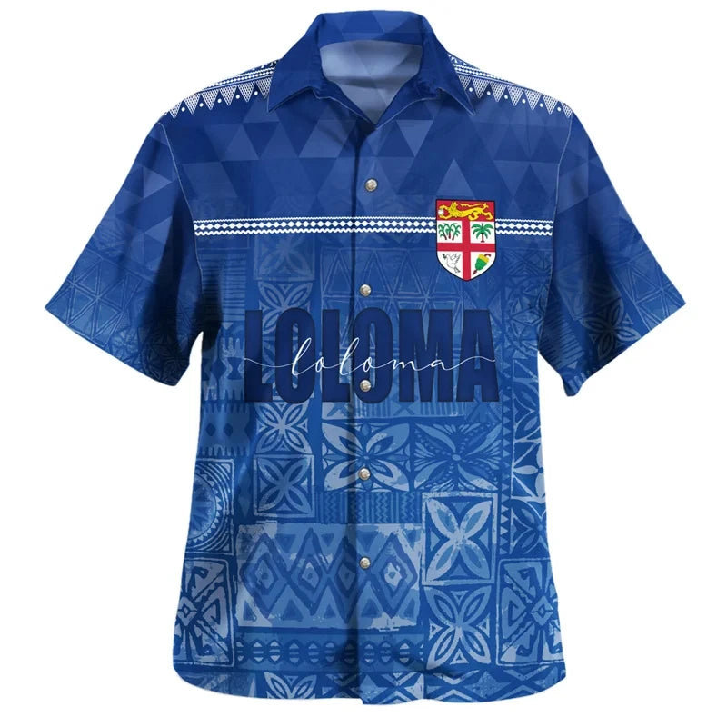 Fiji Hawaiian Shirt Polynesian Tribal Pattern Fiji Blue Short Sleeve Shirt