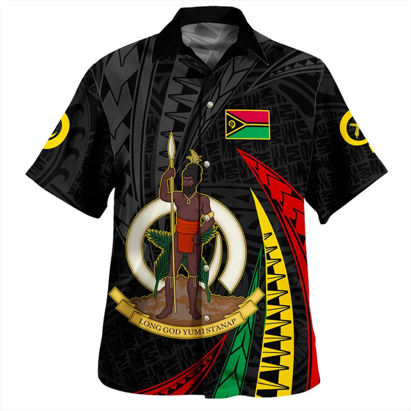 Vanuatu Flag Hawaiian Shirt Polynesian Tribal Long God Yumi Stanap Printed Short Sleeve Shirt