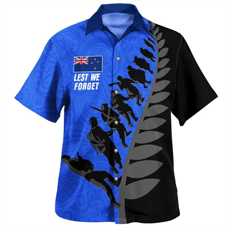 New Zealand Maori Silver Fern Rugby Flag Shirts Lest We Forget Blue Short Sleeve Shirt