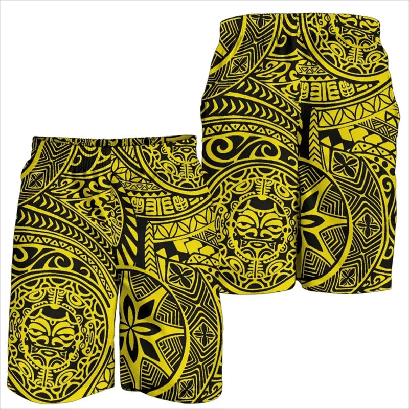 Polynesian Tribal Pattern Island Yellow Hawaii Shorts Men's Beach Shorts Summer Vacation For Him