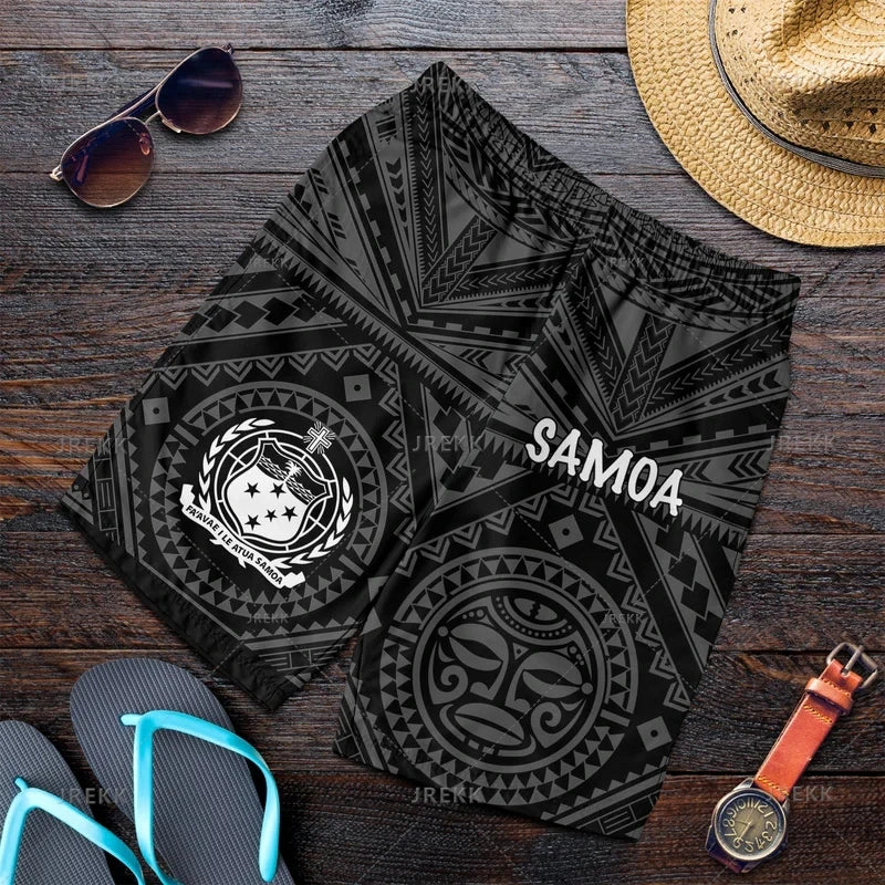 Polynesian Samoa Printing Beach Shorts For Men Samoa Coat Of Arms Black Board Short