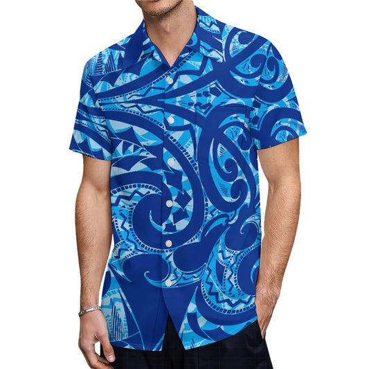 Polynesian Traditional Printed Island Blue Fishtail Dress And Hawaiian Shirt Matching Outfit For Couple Set For Him Her